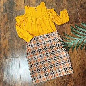 ANTHROPOLOGIE Mustard Cold Shoulder Ruffle Blouse